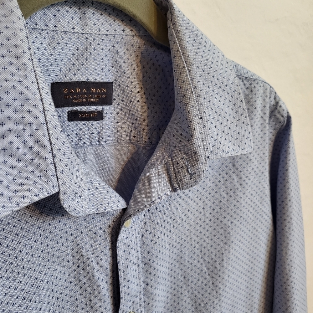 Zara Man slim cotton button down long sleeve collar  blue M medium pre-owned - Picture 6 of 8